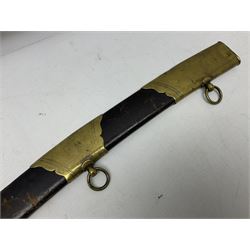 British pattern 1796 Light Cavalry Officer's sword, the 83.5cm curving steel blade marked 'W. Parker London' and 'Warranted' verso, brass stirrup hilt with half-round langets, knucklebow and backstrap with ribbed ivory grip; in brass mounted leather covered scabbard with two suspension rings L97cm overall. This item has been registered for sale under Section 10 of the APHA Ivory Act 