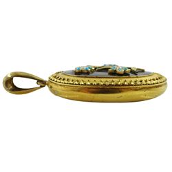 Victorian gold mourning pendant, black enamel plaque with applied gold, pearl and turquoise flower decoration