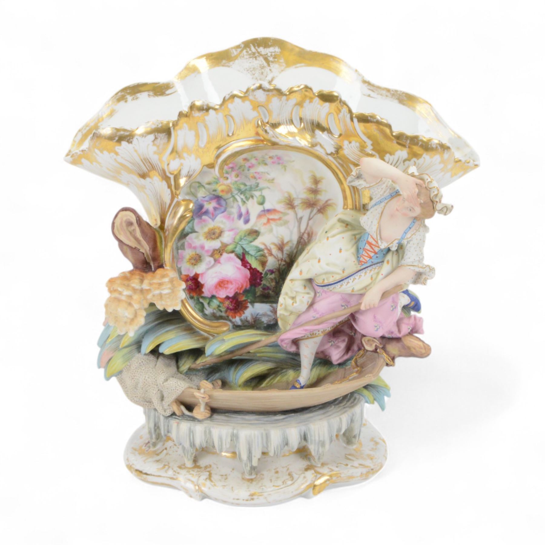 19th century Continental part bisque and glazed porcelain vase, the fan shaped vase hand painted with a floral spray, upon a punt navigated by a female figure, H39.5cm W39cm