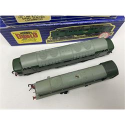 Hornby Dublo - three-rail - Deltic Type Diesel Co-Co locomotive with instructions and guarantee; and Class 20 1000 B.H.P. Bo-Bo Diesel Electric locomotive No.D8000; both in BR green; and each in original blue striped box (2)

