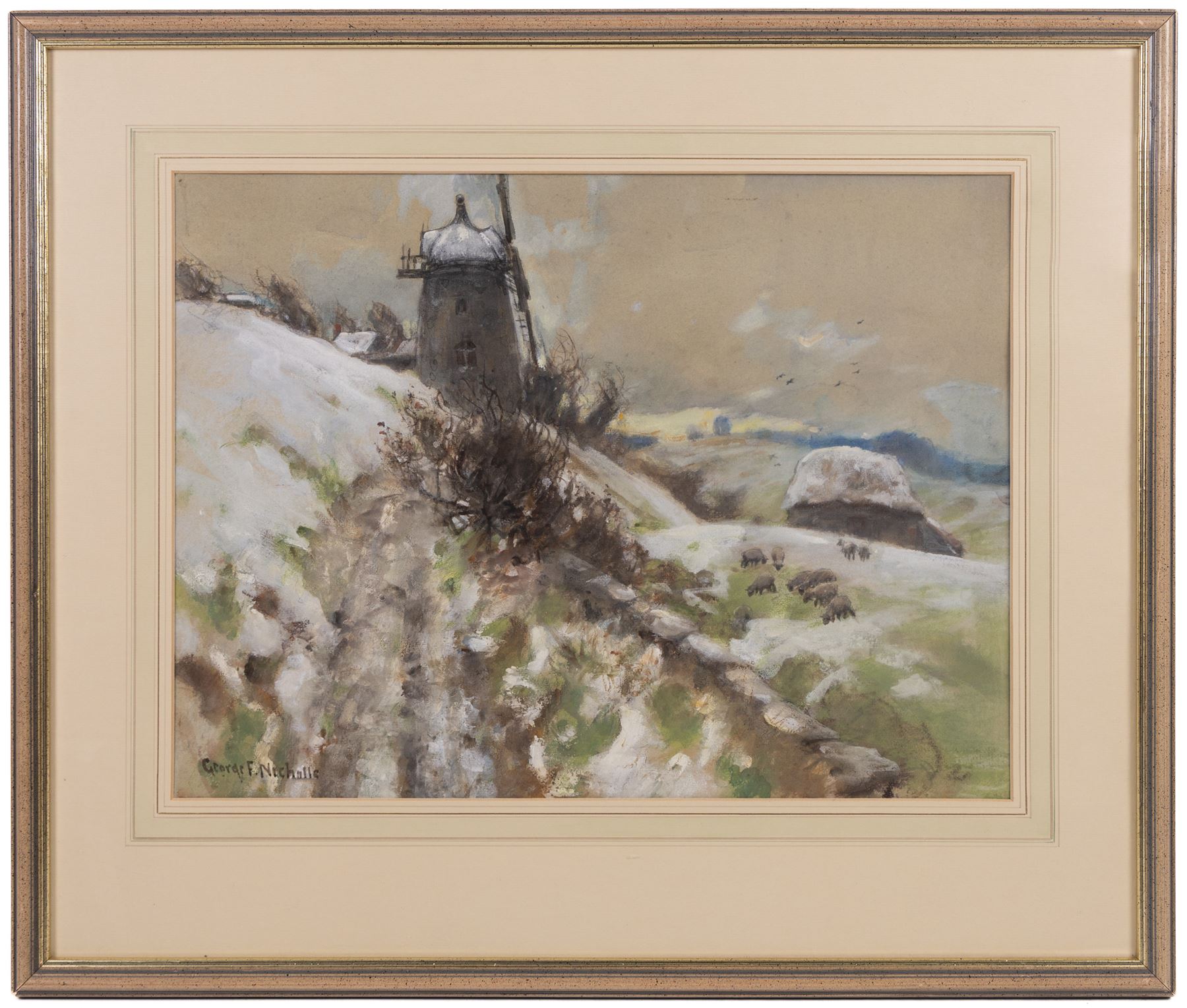 George Frederick Nicholls (British 1885-1937): Mill in Snow, watercolour heightened with white signed 37cm x 49cm 