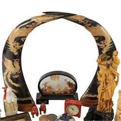 Pair of carved horns, decorated with dragons and birds, together with ceramic figures and other collectables 