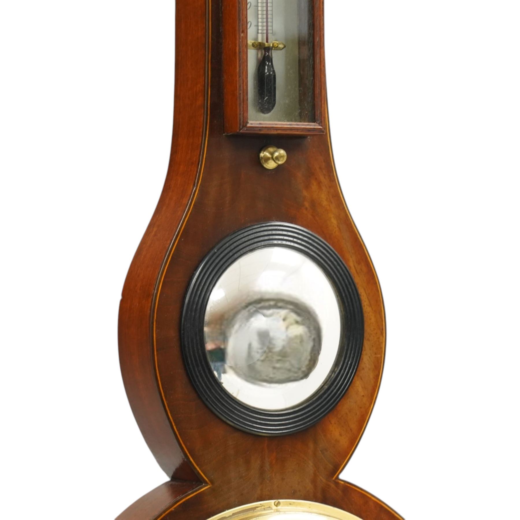 Late 18th century mahogany wheel barometer, swan neck pediment over silvered hygrometer dial and convex mirror, the large silvered register signed by York maker, with spirit level below, the case with boxwood stringing and brass bezels