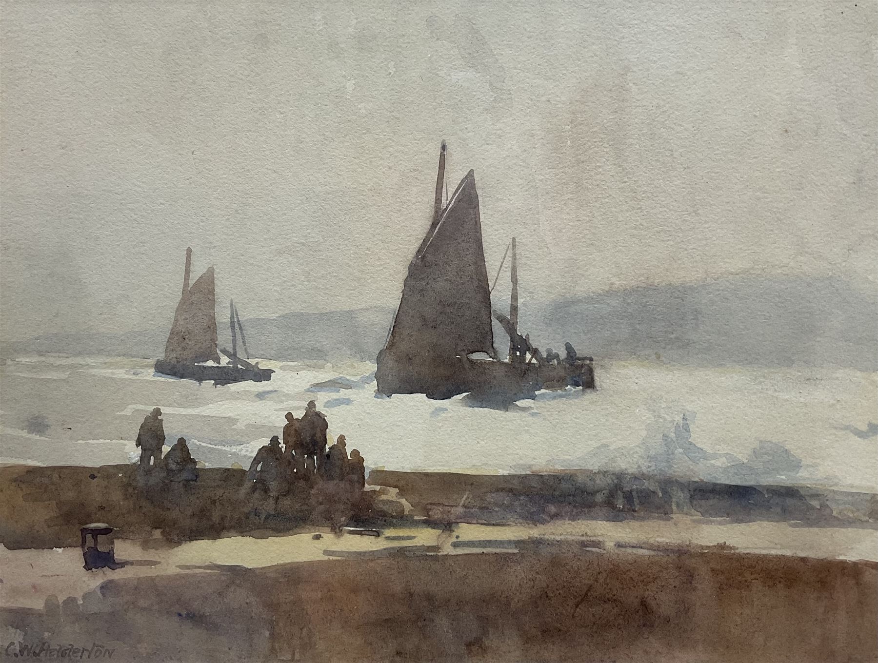 Charles William Adderton (British 1866-1944): Watching the Boats from the Sea Wall, watercolour signed 20cm x 26cm