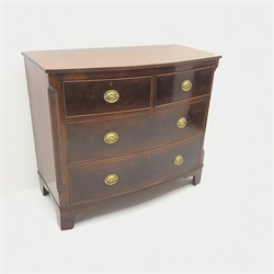  19th century mahogany bow front chest, two short and two long drawers, canted and fluted corners, shaped bracket supports, W105cm, H91cm, D52cm  