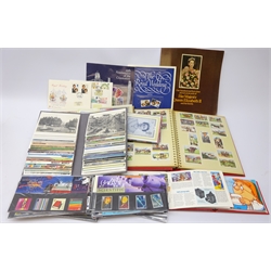  Great British stamps, postcards and cigarette cards including over thirty presentation packs containing useable postage, FDCs etc, in one box  