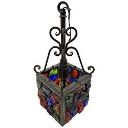 20th Century Peter Marsh Arts & Crafts wrought iron porch lantern, set with coloured panels, H36cm