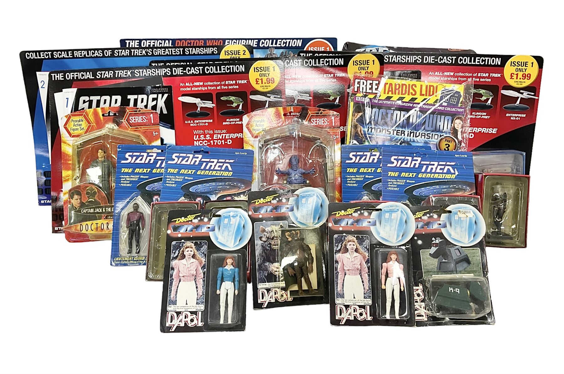 Star Trek - Eaglemoss Official Starships Collection three unopened issue No.1 and Issue No.2; five boxed Fabbri metal figures; and four carded action figures; together with Dr. Who - Eaglemoss Official Figurine Collection unopened Issue No.1; Dr. Who Monster Invasion parts 2 & 3, both unopened; four Dapol carded Dr. Who action figures and two others.