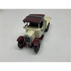 CJB Morris Military Field Wireless car with antenna, driver and operator L11cm; CJB Military covered wagon with two figures; and CJB maroon and white painted flat-bed truck with driver (3)