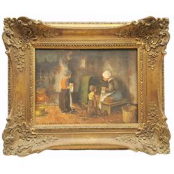 Han Molenaar (Dutch 1914-1989): Mother and Children by the Fire, oil on panel signed 28cm x 38cm in heavy gilt frame