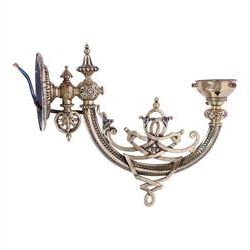 Pair of 19th century brass wall sconces, the articulated curved arms leading to single socket fitting detailed with entwined strapwork, Victorian diamond mark H24cm D28cm
