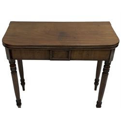 Victorian mahogany tea table, rectangular swivel fold-over top with rounded corners, on ring turned supports 