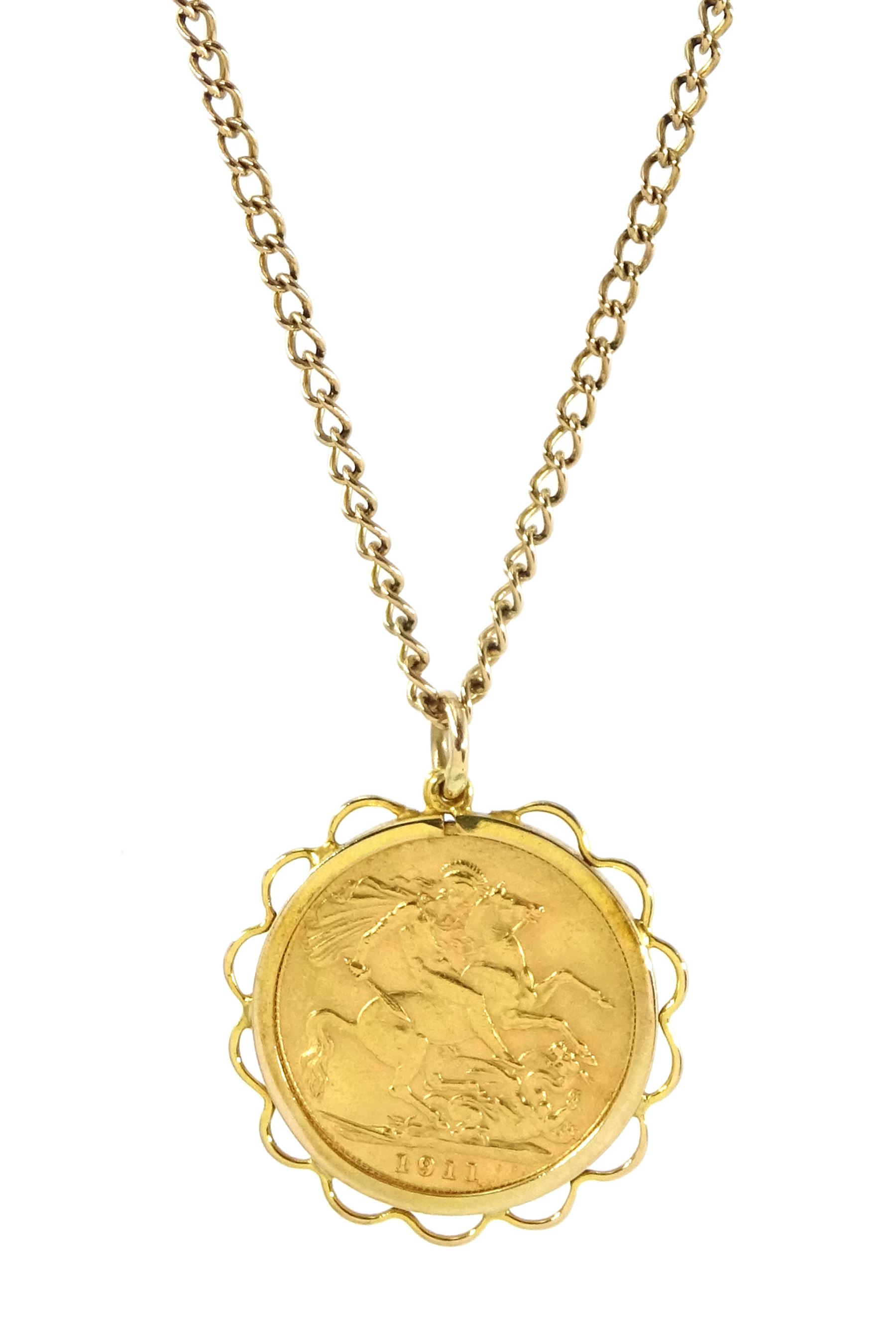 George V 1911 gold full sovereign, loose mounted in 9ct gold pendant necklace