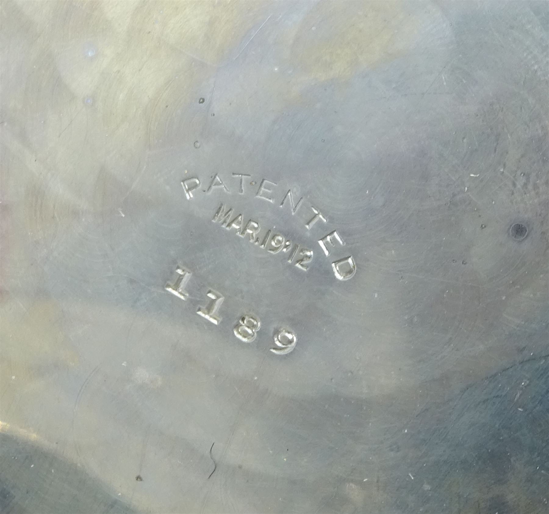 Early 20th century keyless lever, 15 jewels 8 days goliath pocket watch by Waltham Watch Co. No. 16630451, white enamel dial with Arabic numerals, case stamped 'Patented Mar 19'12' and numbered 1189 