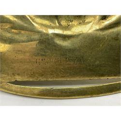 Art Nouveau Geschutzt brass desk stand, with stylised whiplash relief decoration, with removable Loetz style green glass inkwell, stamped to the base, H8cm