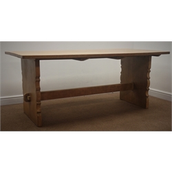  Light oak refectory style dining table, shaped solid end supports joined by single stretcher, 184cm x 91cm, H76cm  