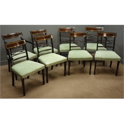  Set eight (6+2) Georgian style mahogany dining chairs, satinwood banded top rail, pierced and reeded backs, light green velvet upholstered seat, square tapering supports, spade feet  
