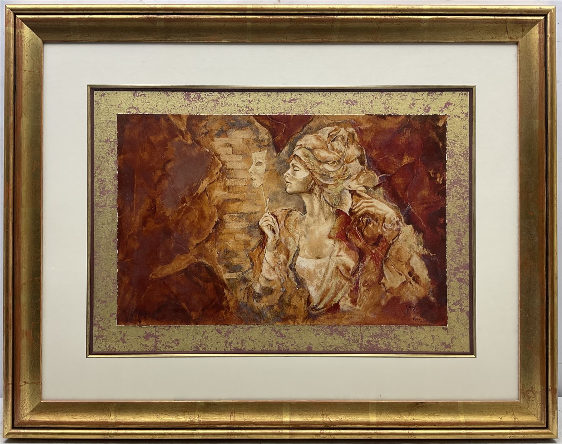 Joy Kirton Smith (British Contemporary): ‘Faces and Masks I & II’, pair printer's prof silkscreen prints on canvas signed and numbered 1/10, 37cm x 57cm (2) 