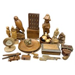 Quantity of treen to include Folk Art carved figures, turned wood nut bowl with ship's wheel nutcracker, inlaid box, plane, animal figures, boxes etc