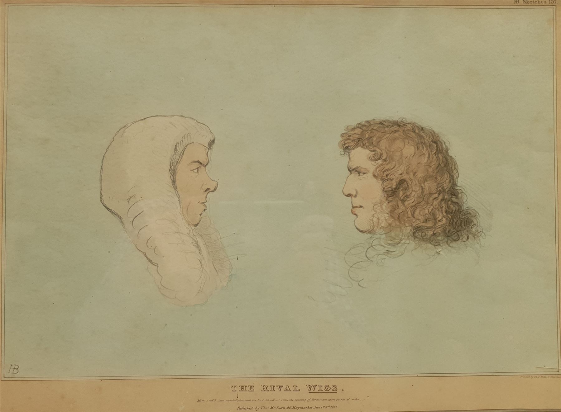 John 'HB' Doyle (British 1797-1868): 'The Rival Wigs' - Henry Brougham, 1st Baron Brougham and Edward Law, 1st Earl of Ellenborough, hand-coloured lithograph pub. Thomas McLean 1831, 28cm x 37cm