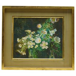 John Stanton Ward (British 1917-2001): Still Life of 'Dog Row and Daisies', oil on board signed and dated '77, exhibition label verso, together with a letter from John Ward 25cm x 30cm