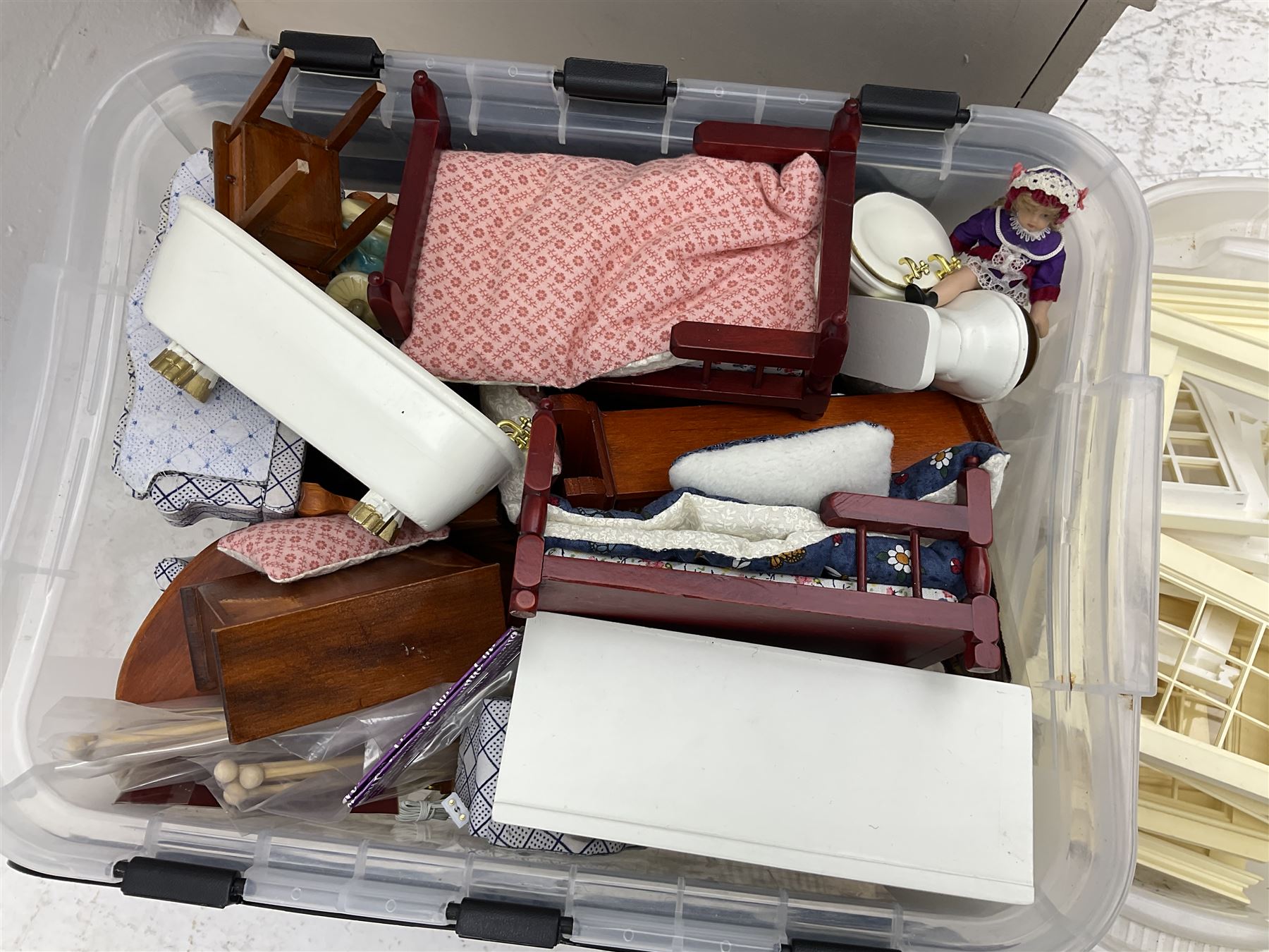 Georgian style paper lined wooden dolls house, three storey with wooden and plastic accessories and window fixtures, H90cm, W96cm, D52cm