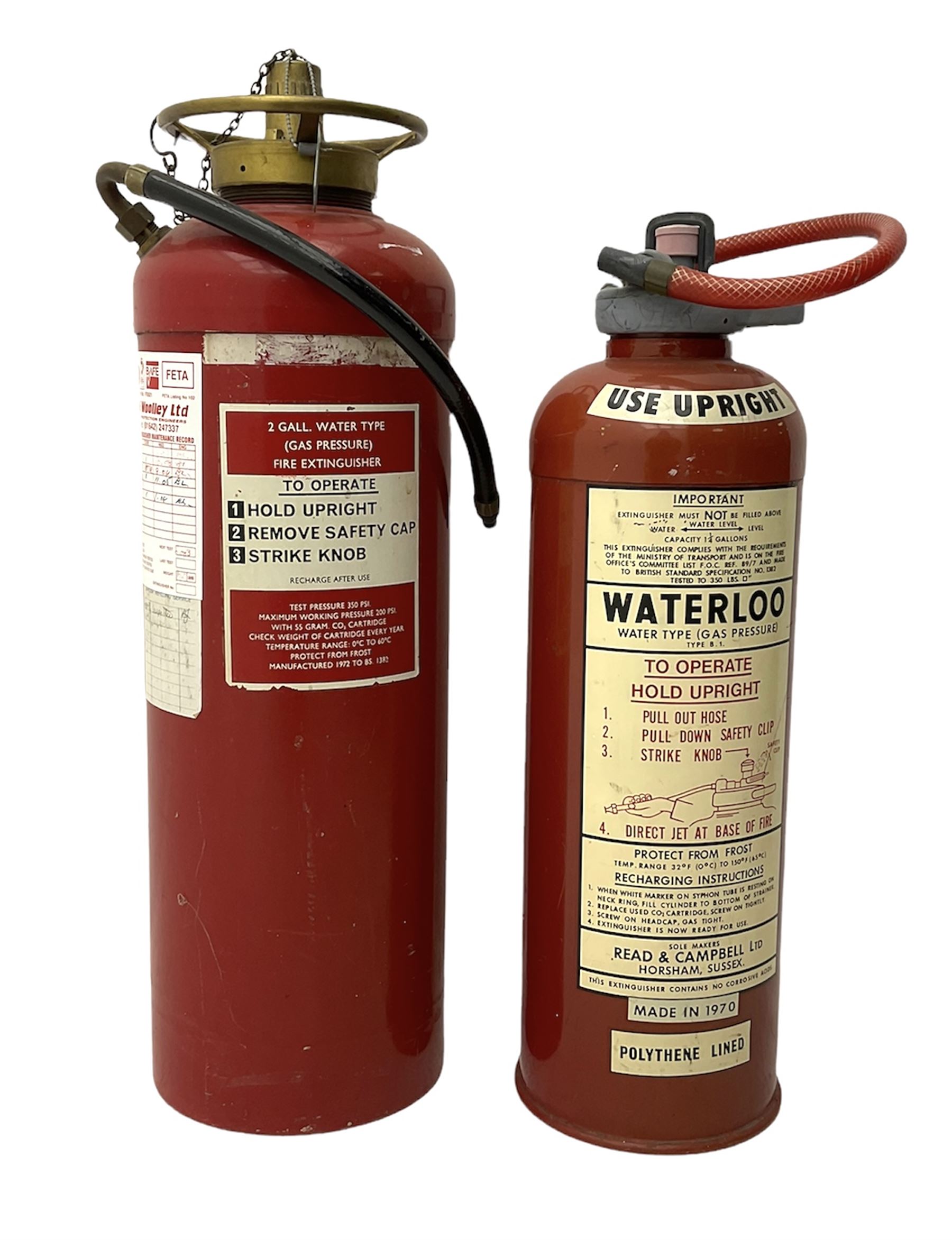 Waterloo fire extinguisher dated 1970, Read & Campbell Ltd, together with another fire extinguisher dated 1970, tallest H59cm