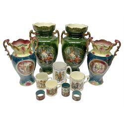 Set of four Chinese cloisonne enamel napkin rings, together with a pair of Strasburg Ware vases, a pair of similar larger continental vases and four Royal commemorative mugs
