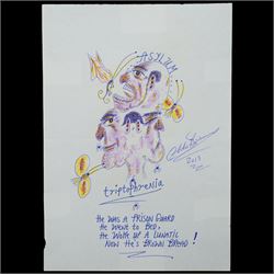 Charles Bronson (Charles Arthur Salvador) (British 1952-): A comprehensive collection of five hundred mixed media works executed between 2000 and 2025. Produced during the artist’s long-term incarceration, the works are primarily in ink, coloured pencil and mixed media on paper. The collection includes multiple formats: A5 (15 works), A4 (308 works), A3 (164 works) and A2 (13 works). Some are signed and dated; a number are executed on the reverse of official prison documents and other repurposed materials, reflecting the limited availability of art materials within the prison environment. This collection represents the largest body of the artist’s work to be offered as a single lot and has not previously been available on the market. (500) (unframed)

Notes: Dated examples span the period from 2000 to 2025, with the greatest concentration produced between 2012 and 2019 and including a group of recent large-scale works from the final years of the period; approximately twenty percent are undated.