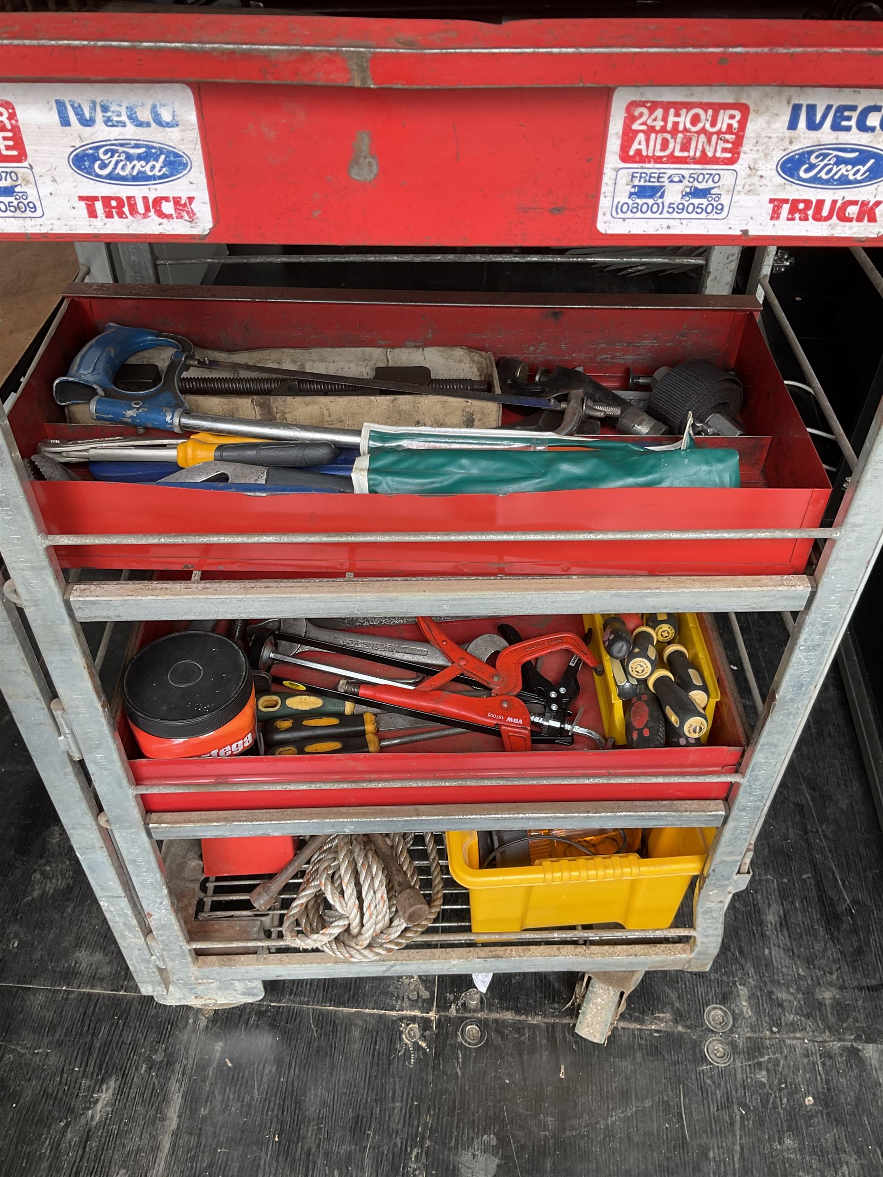 Tool workstation with Snap-on three drawer lockable tool box and tools, feeler gauges, wire strippers, screw drivers torque wrenches, and other  - THIS LOT IS TO BE COLLECTED BY APPOINTMENT FROM DUGGLEBY STORAGE, GREAT HILL, EASTFIELD, SCARBOROUGH, YO11 3TX