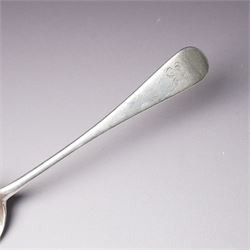 Four Victorian silver dessert spoons engraved with initials Exeter 1877 Maker Josiah Williams & Co and four George IV silver fiddle and shell pattern dessert forks London 1828 Maker William Chawner 