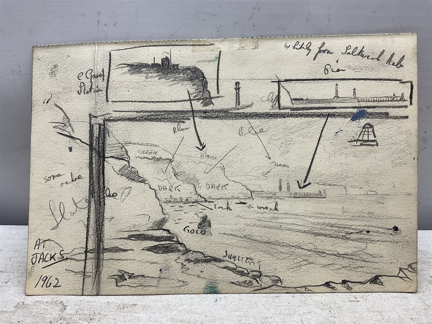 Jack Rigg (British 1927-2023): Preliminary sketch for ''Whitby Piers from Saltwick Nab', pencil unsigned, variously inscribed and dated 1962, 17cm x 25cm (unframed)