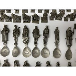 Set of forty three miniature Franklin Mint pewter figures of the Kings and Queens of England, with certificate of authenticity and information cards, together with a collection of twenty four Franklin Mint pewter Charles Dickens character spoons