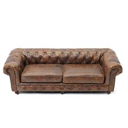 Miniature brown leather button back Chesterfield sofa, with castors 