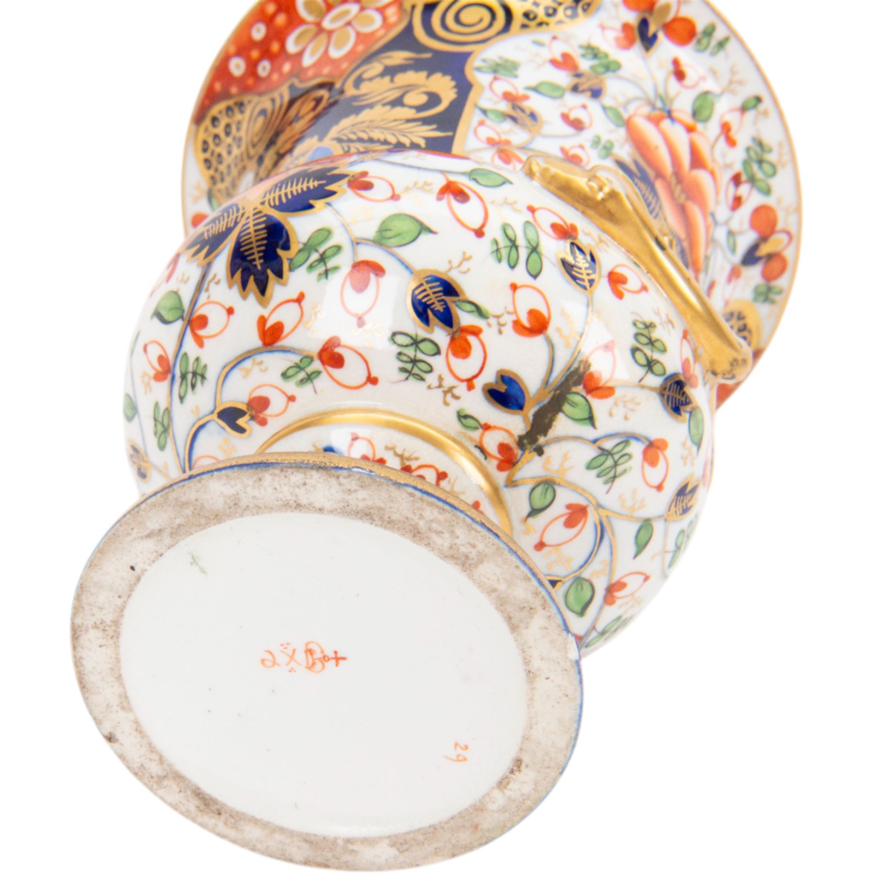 Derby twin handled campagna urn, decorated with flowers and cobalt panels highlighted in gilt, together with a smaller example with similar decoration, tallest H20cm