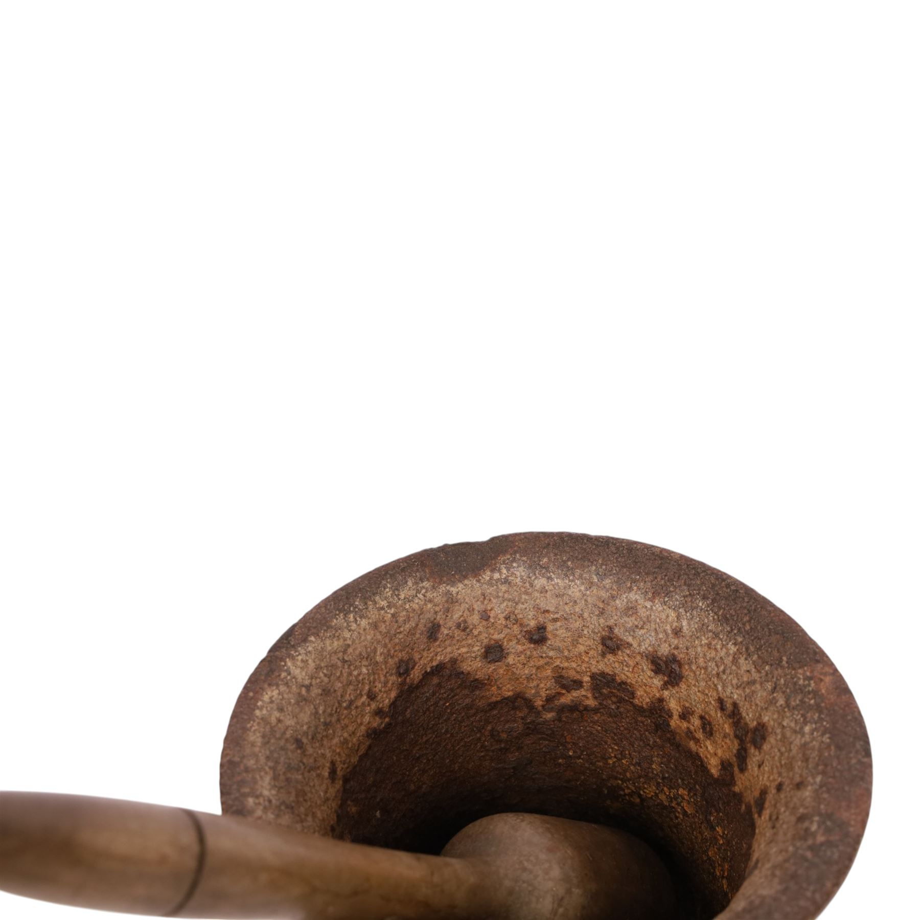 Early 19th century cast iron mortar, with turned wooden pestle, mortar H18, D23cm 