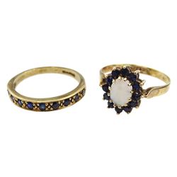 Gold opal and sapphire cluster ring, gold sapphire half eternity ring and four gold earrings, all 9ct