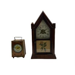 An American “Jerome” late 19th century  30-hour spring driven steeple clock with alarm, in a mahogany case with a decorative glass tablet depicting a rose painted white dial with roman numerals and minute track, steel moon hands and a brass alarm setting disc to the centre. With pendulum and key.
H40 W20 D10
With a small portable 19th century German “Wutternberg” alarm clock, the piece dial with a gilt centre and Ivorine chapter ring, Arabic hours and minute band, wooden case with brass fittings and carrying handle on four feet, wound and set from the rear with integral keys, alarm sounding on a bell. 
H20 W12 D7
