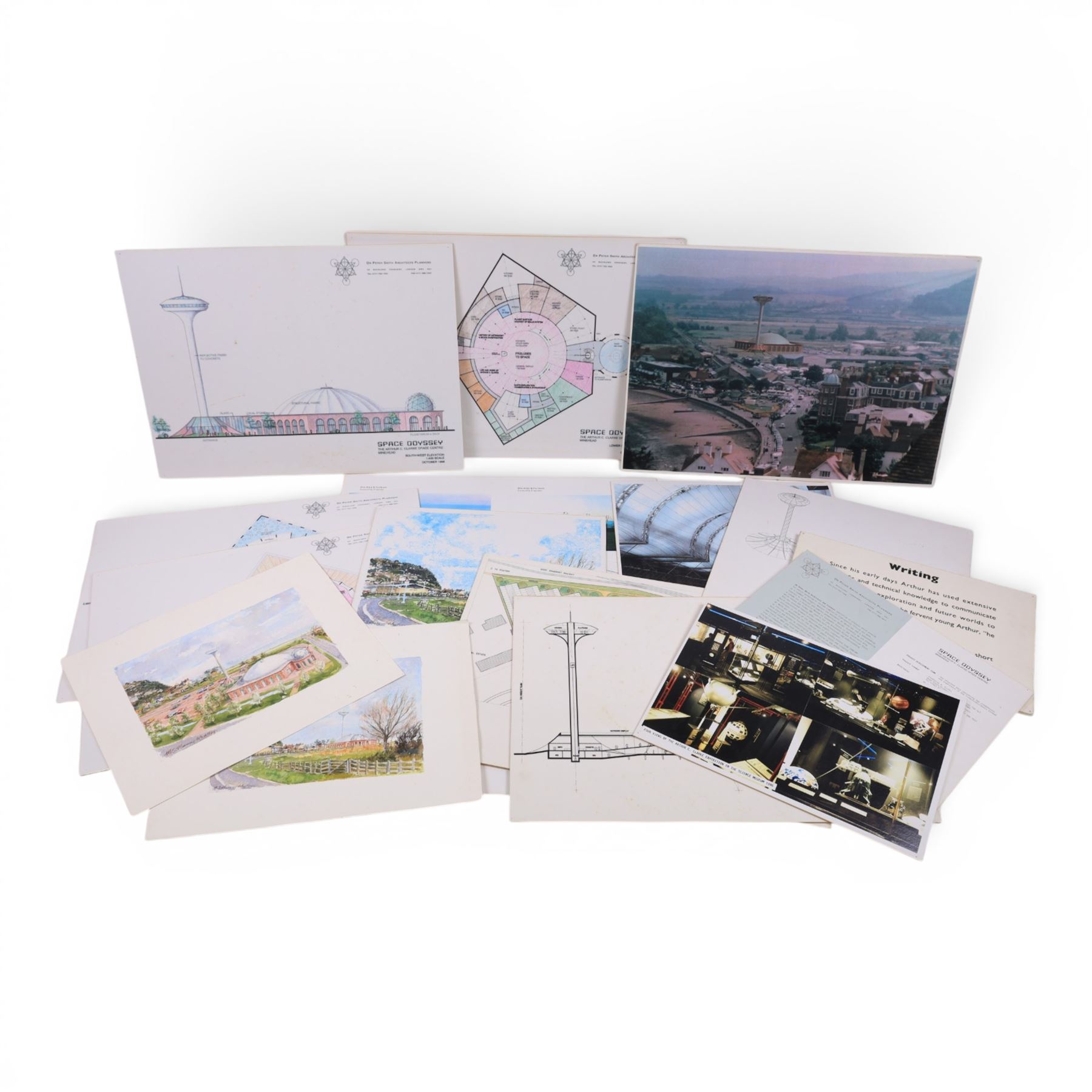 Collection of ephemera and original watercolour paintings relating to the creation of 'Space Odyssey: The Arthur C Clarke Space Centre, Minehead', including two original watercolour concept paintings of the exterior views of the centre painted by Margaret Stella Murray Whatley and architectural drawings by DR Peter Smith Architects & Planners

Notes: The centre was proposed in 2000 but was never built.This item is from the private collection of Arthur C. Clarke's brother.
