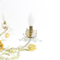 Mid-20th century French toleware chandelier, designed as a multicoloured floral bouquet, five branches each terminating in light fittings