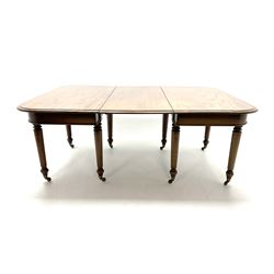 19th century figured mahogany dining table - two D-ends and leaf, on turned supports terminating at brass castors, W136cm, L131cm - 183cm (no table forks)