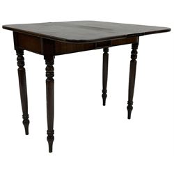 Victorian mahogany tea table, rectangular swivel fold-over top with rounded corners, on ring turned supports 