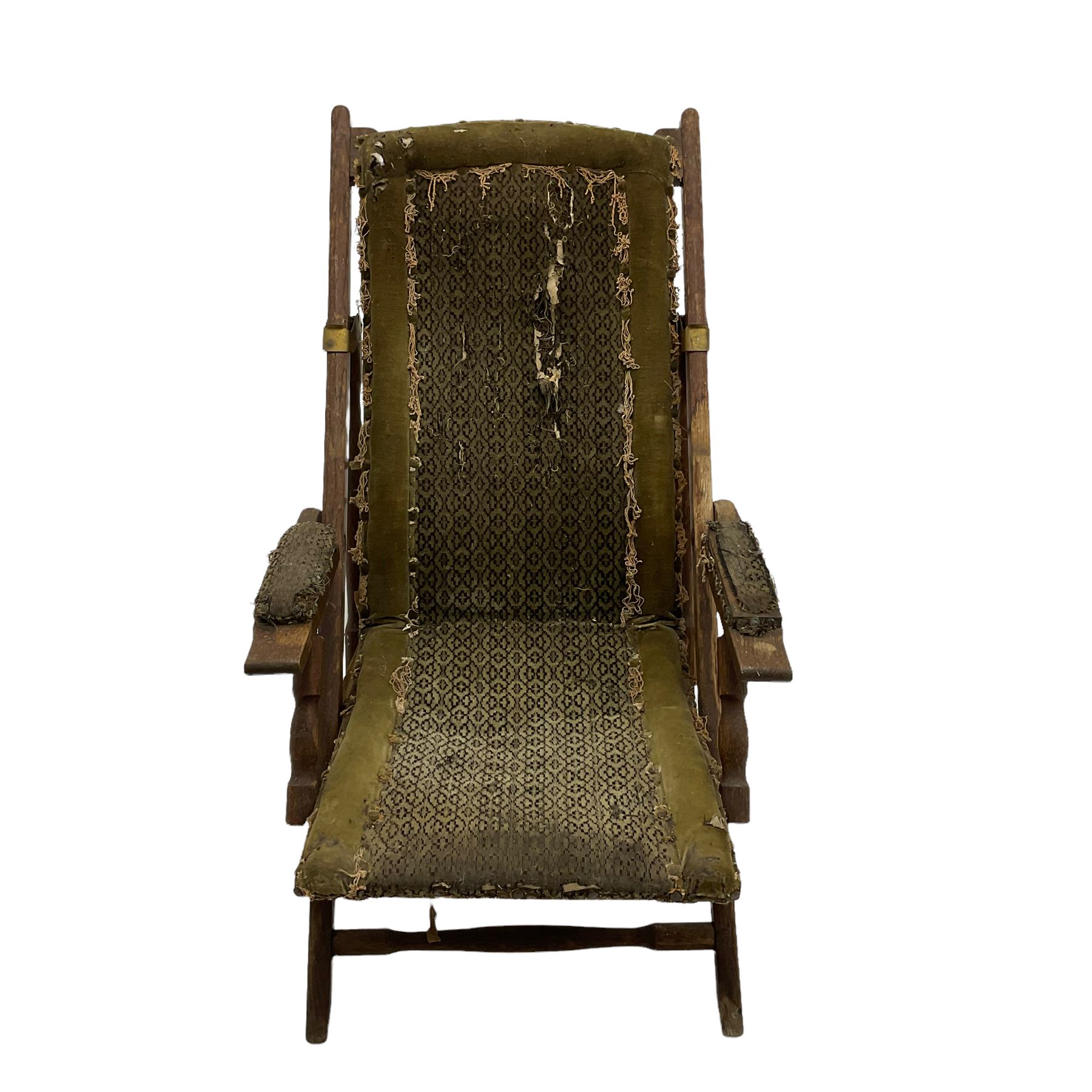 19th century oak campaign steamer or garden chair, folding staggered mechanism with brass fittings, upholstered seat, back and arms