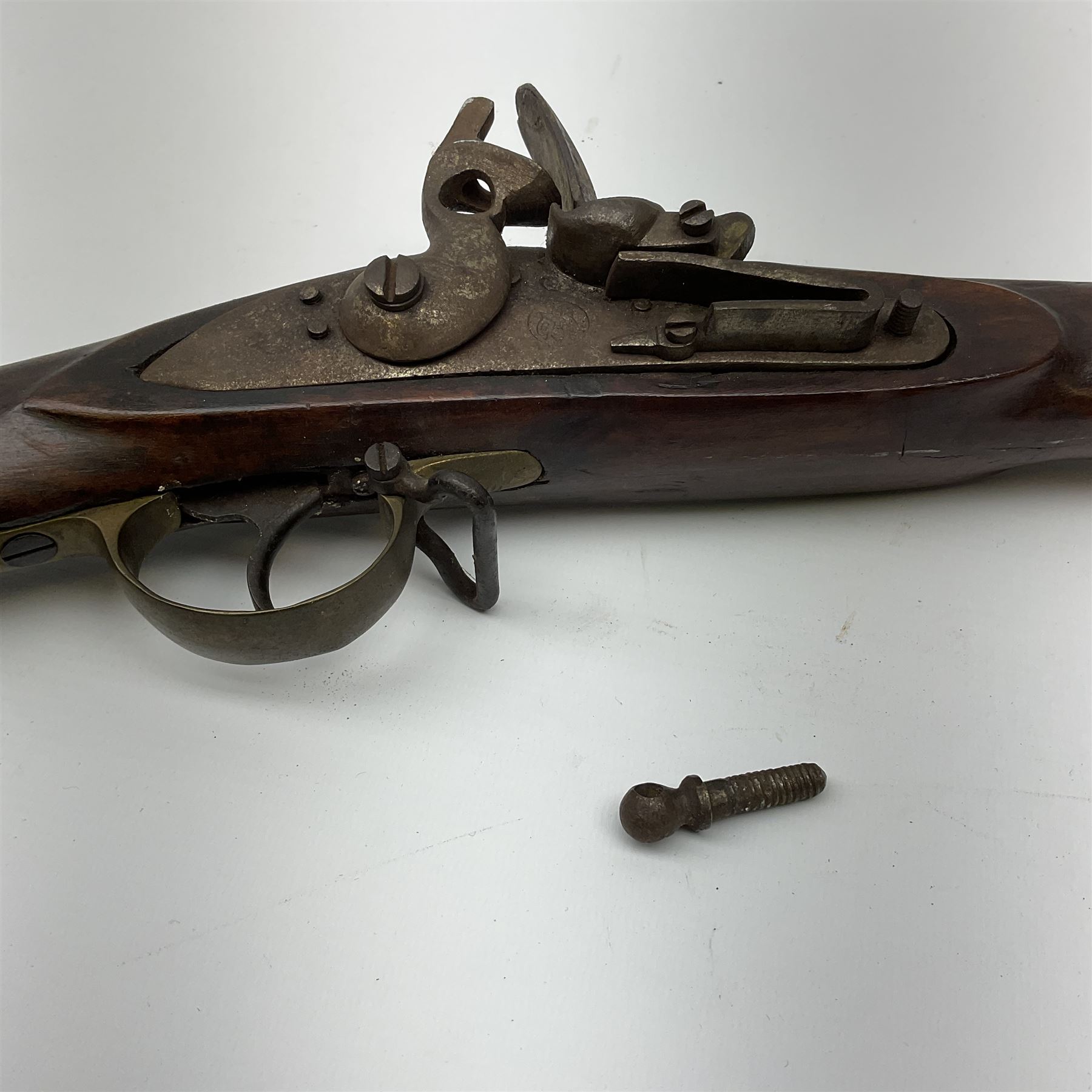 19th century continental flintlock musket for restoration or display, the studded walnut full stock with brass mounts, lock stamped with bumble bee logo possibly for Dresse-Laloux & Cie Liege, under barrel ramrod and one sling swivel, proof marks visible, L166.5cm