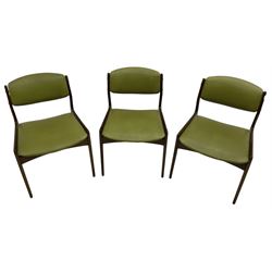 Set of six (4+2) mid-20th century teak dining chairs upholstered in green vinyl