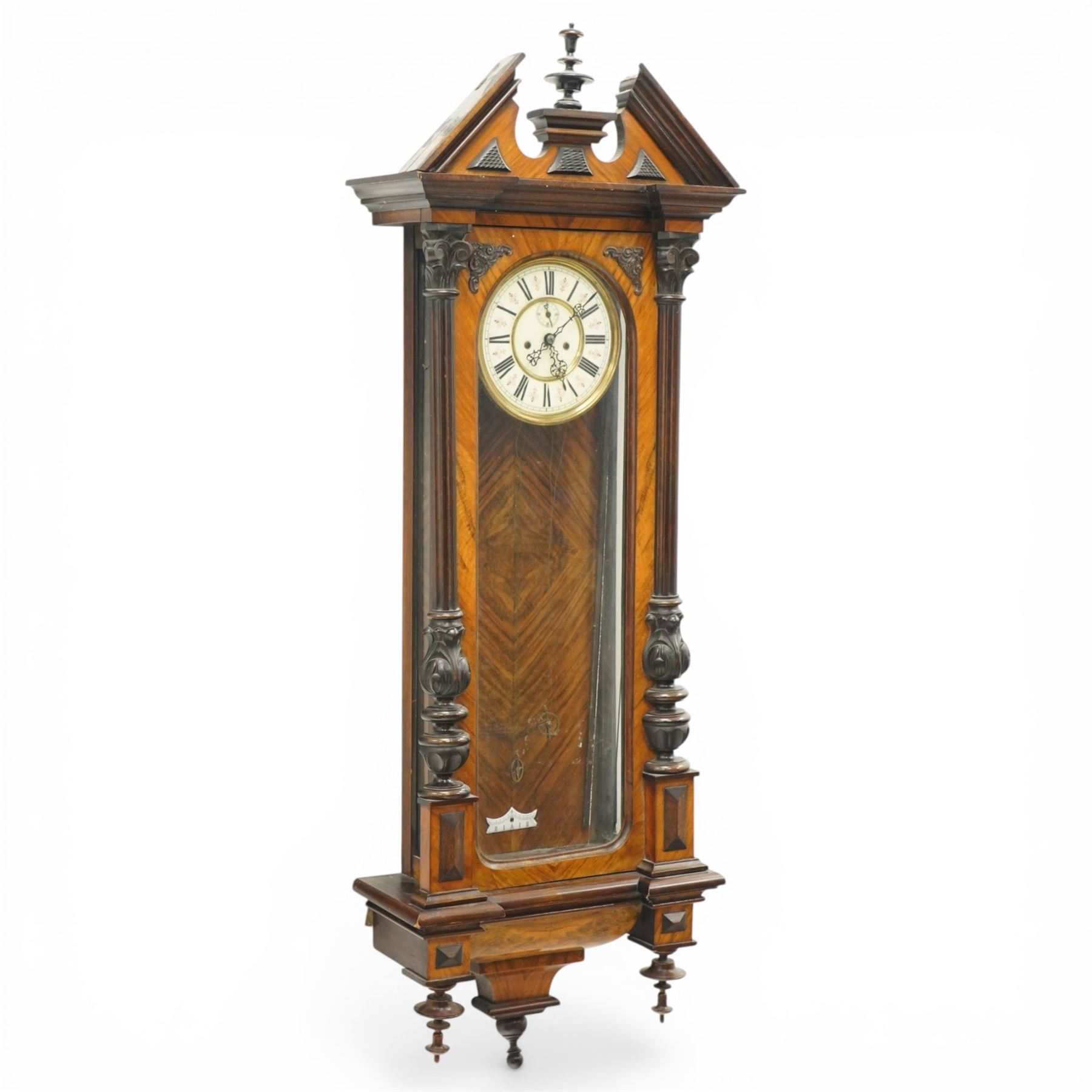 Late 19th century Vienna regulator wall clock with 19cm dial in walnut case with broken arch pediment and brass weights H128cm 