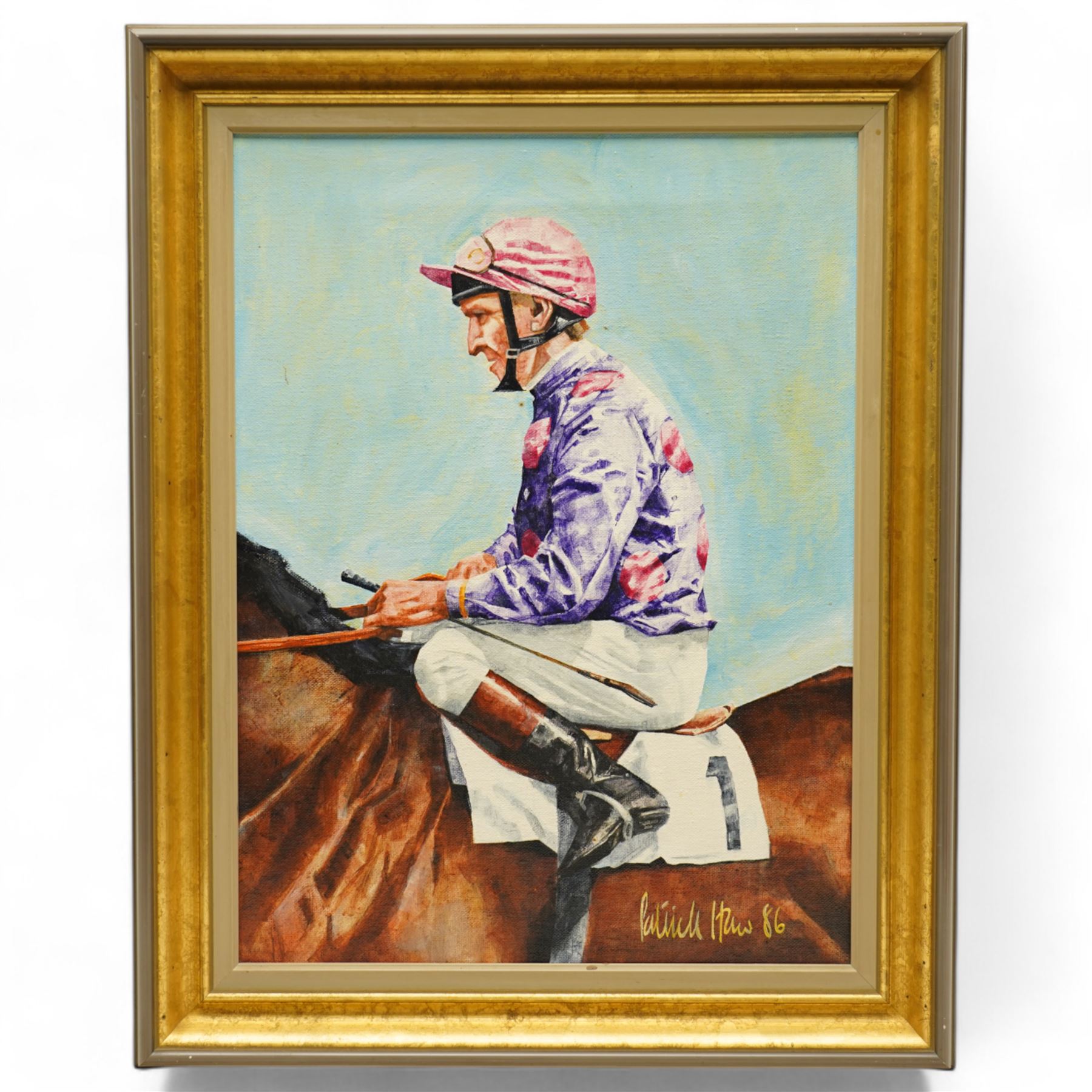 Patrick Haw (British 20th century): Jockey's - 'Pat Eddery' 'Joe Mercer' 'Walter Swinburn' and 'Steve Cauthen', set four acrylic on canvas signed and dated '86, 39cm x 29cm (4)