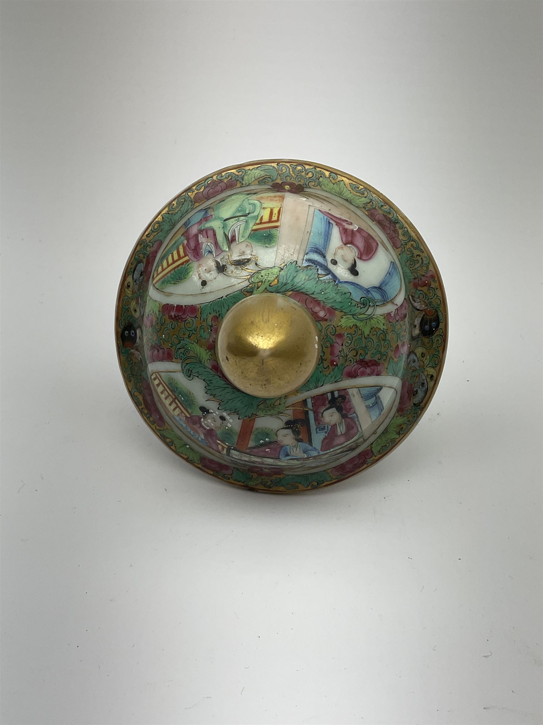 A 19th century Chinese Canton Famille Rose vase, of globular form with tall neck, and cover with finial, decorated with alternating panels of figural scenes, and birds and butterflies amongst blossoming and fruiting trees, with foliate surround against gilt, overall H57cm. 