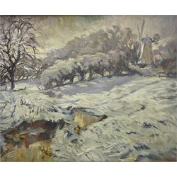 Robert Jones (British 1943-): 'Kings Mill in the Snow - Shipley West Sussex', oil on canvas signed and dated '89, titled signed and dated verso 49cm x 59cm