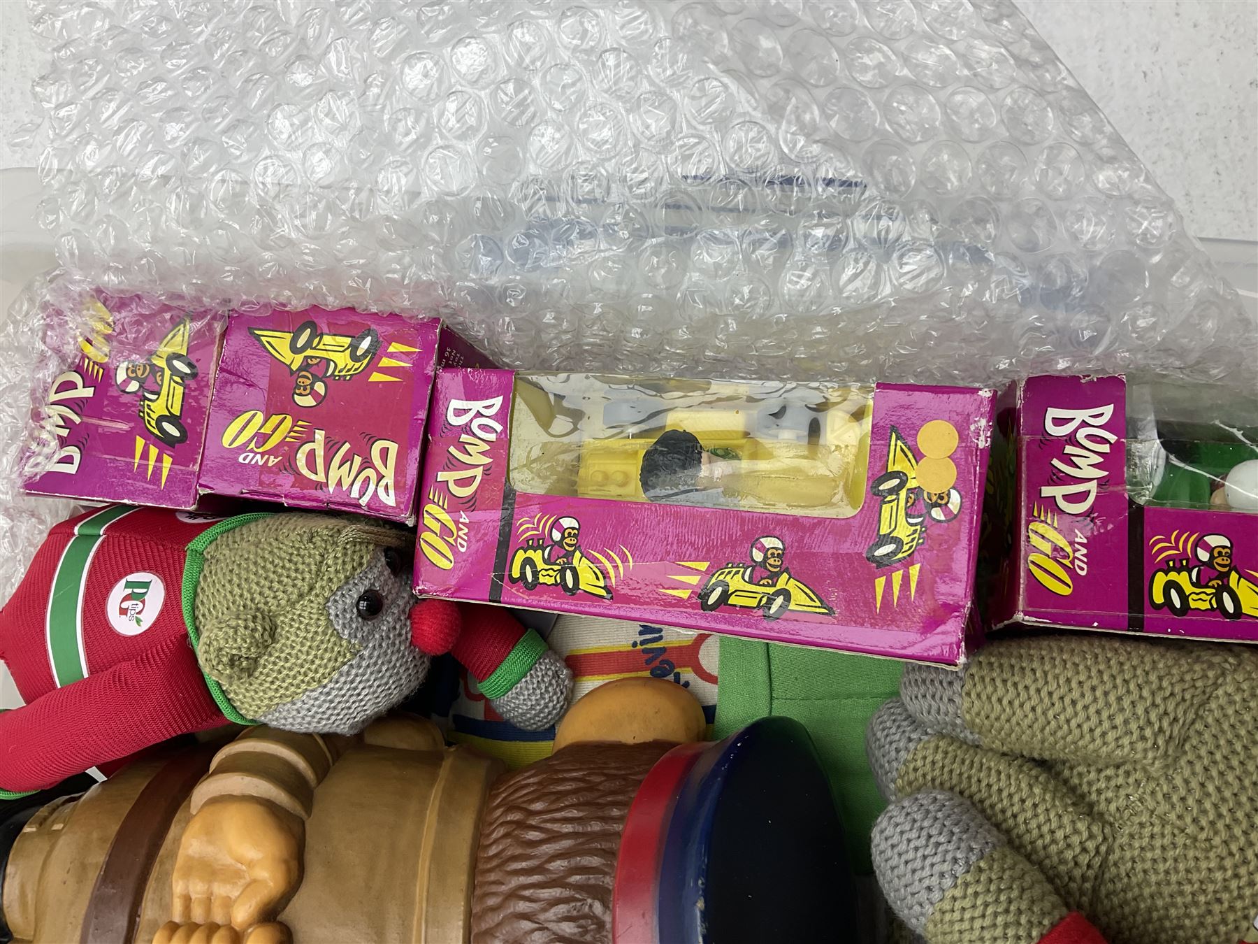 Only Fools and Horses stuffed toys, Churchill dogs and quantity of PG Tips merchandise and stuffed monkeys etc in two boxes